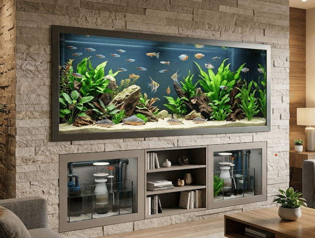 A large, modern, built-in freshwater aquarium acts as a room divider between a textured stone wall and a wood-paneled living room. The tank features abundant green aquatic plants, driftwood, and diverse colorful fish (cardinal tetras, angelfish, discus). Below the main tank, a integrated sump filtration system is visible through a glass panel, alongside shelving.