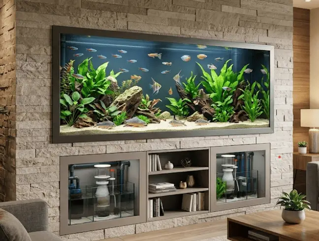 A large, modern, built-in freshwater aquarium acts as a room divider between a textured stone wall and a wood-paneled living room. The tank features abundant green aquatic plants, driftwood, and diverse colorful fish (cardinal tetras, angelfish, discus). Below the main tank, a integrated sump filtration system is visible through a glass panel, alongside shelving.