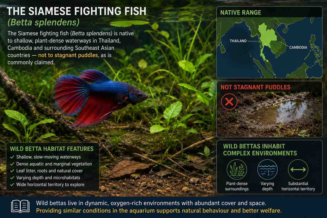 Siamese fighting fish Betta splendens in a shallow plant-dense natural Southeast Asian habitat