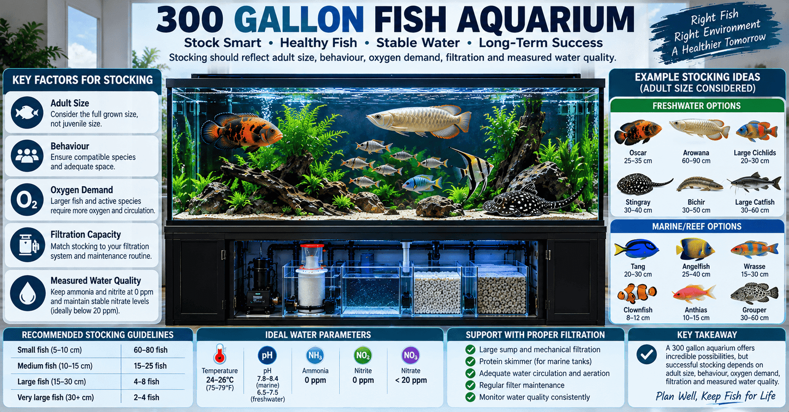 300 gallon aquarium stocking based on adult fish size, behaviour, oxygen demand, filtration and water quality