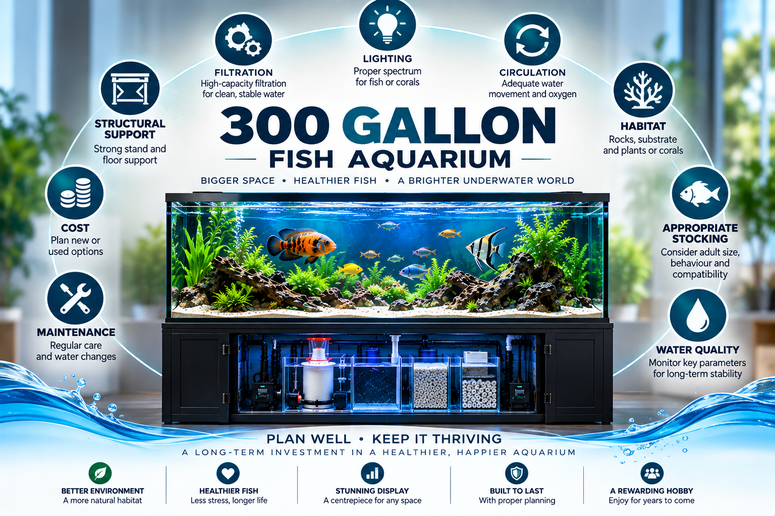 300 gallon fish aquarium with centered design featuring structural support, filtration, lighting, circulation, habitat and water quality