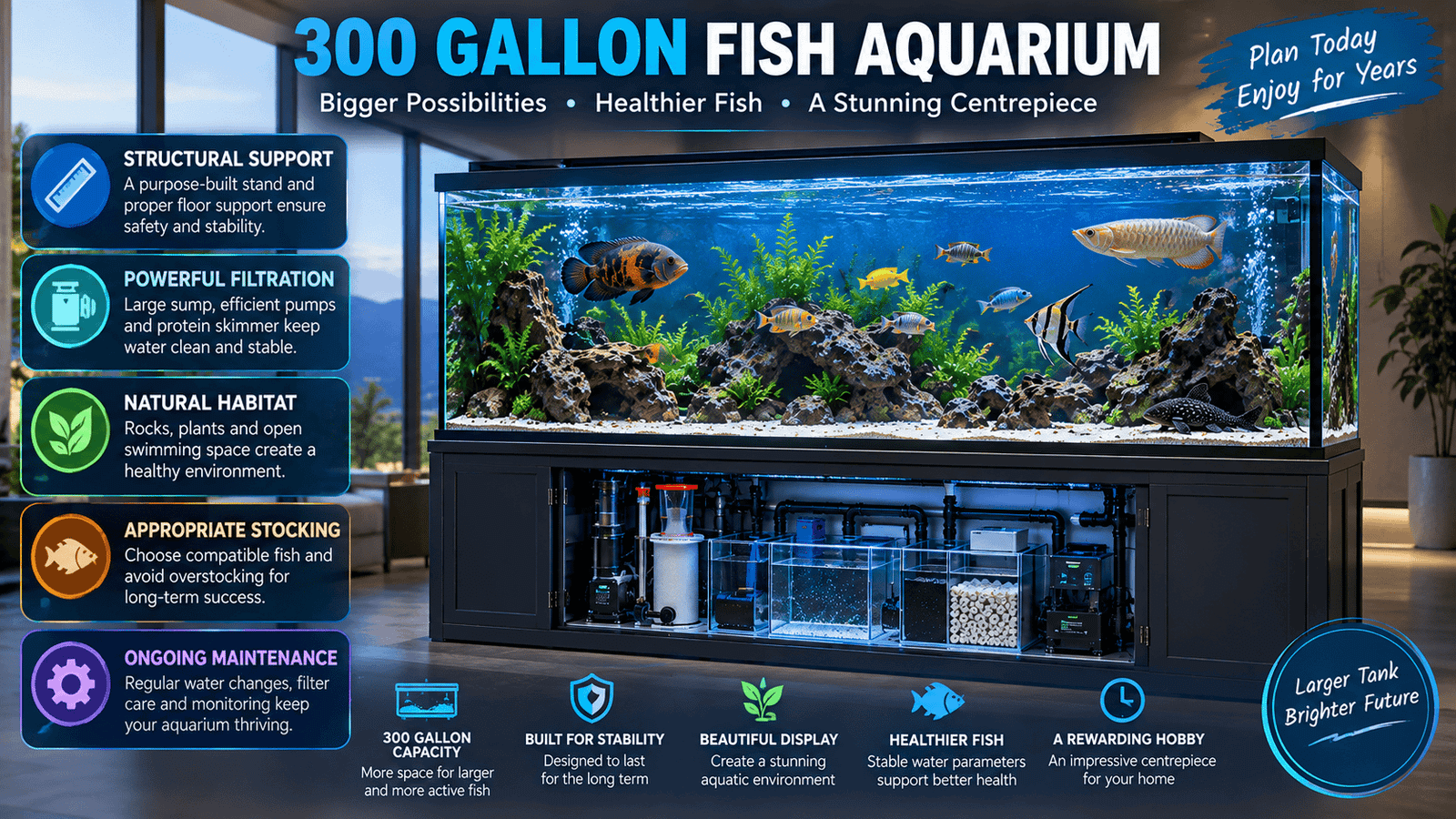 300 gallon fish aquarium with structural support, powerful filtration, natural habitat and long-term maintenance features