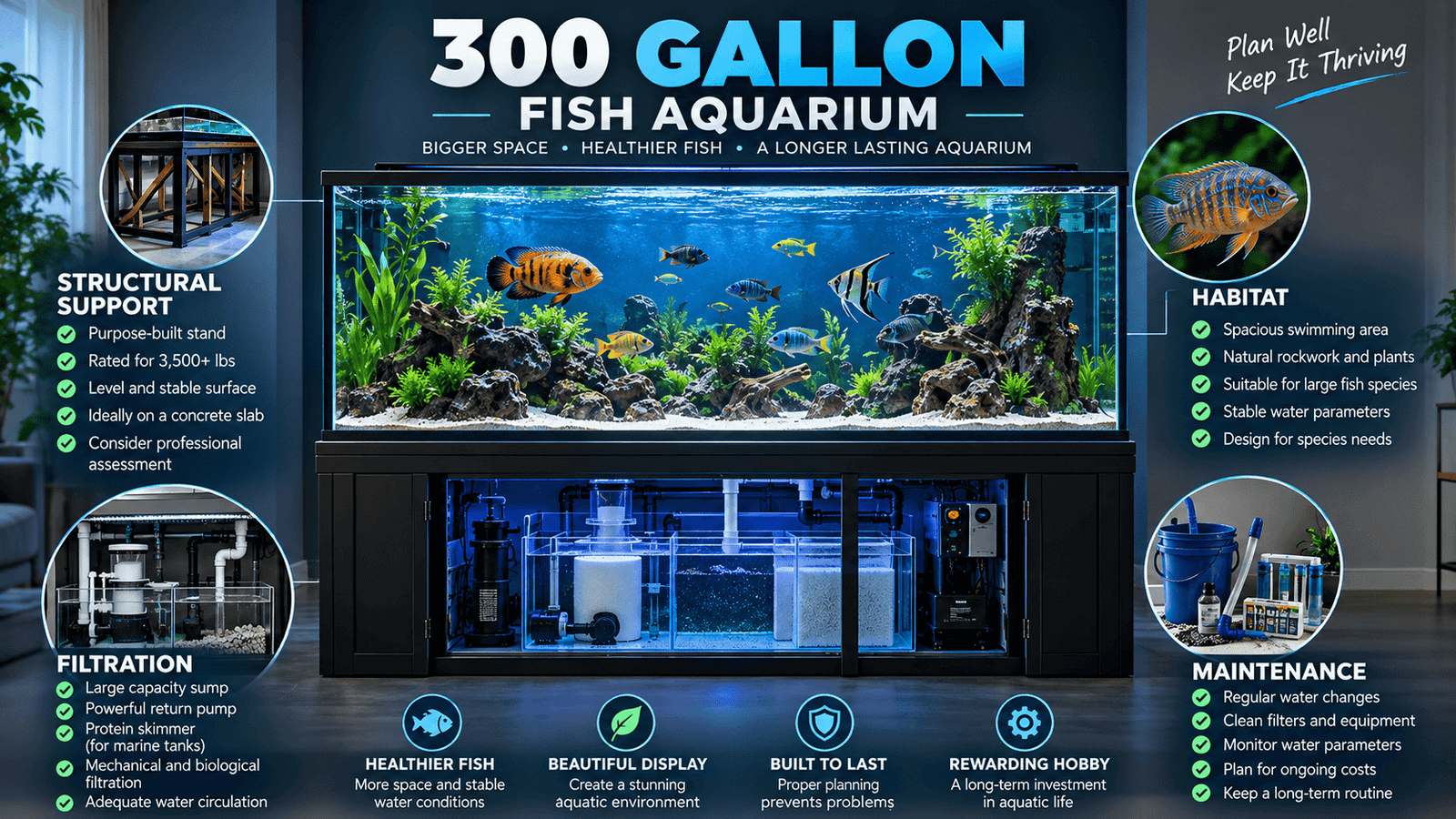 300 gallon fish aquarium designed for structural support, filtration, habitat and long-term maintenance