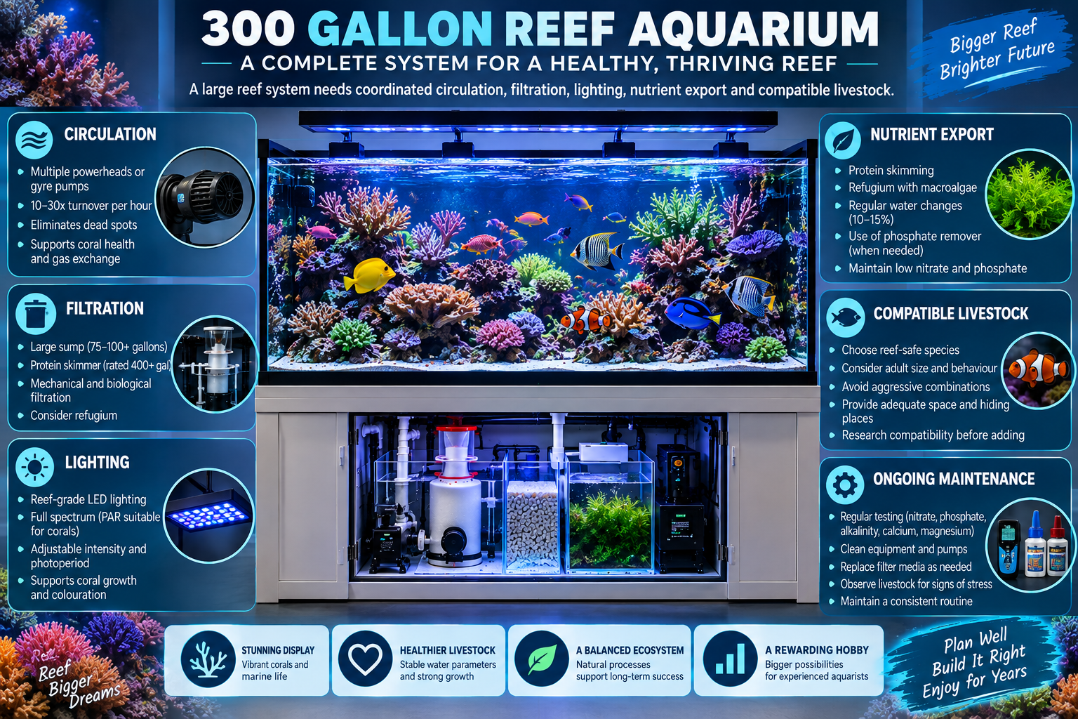 300 gallon reef aquarium with coordinated circulation, filtration, lighting, nutrient export and compatible marine livestock