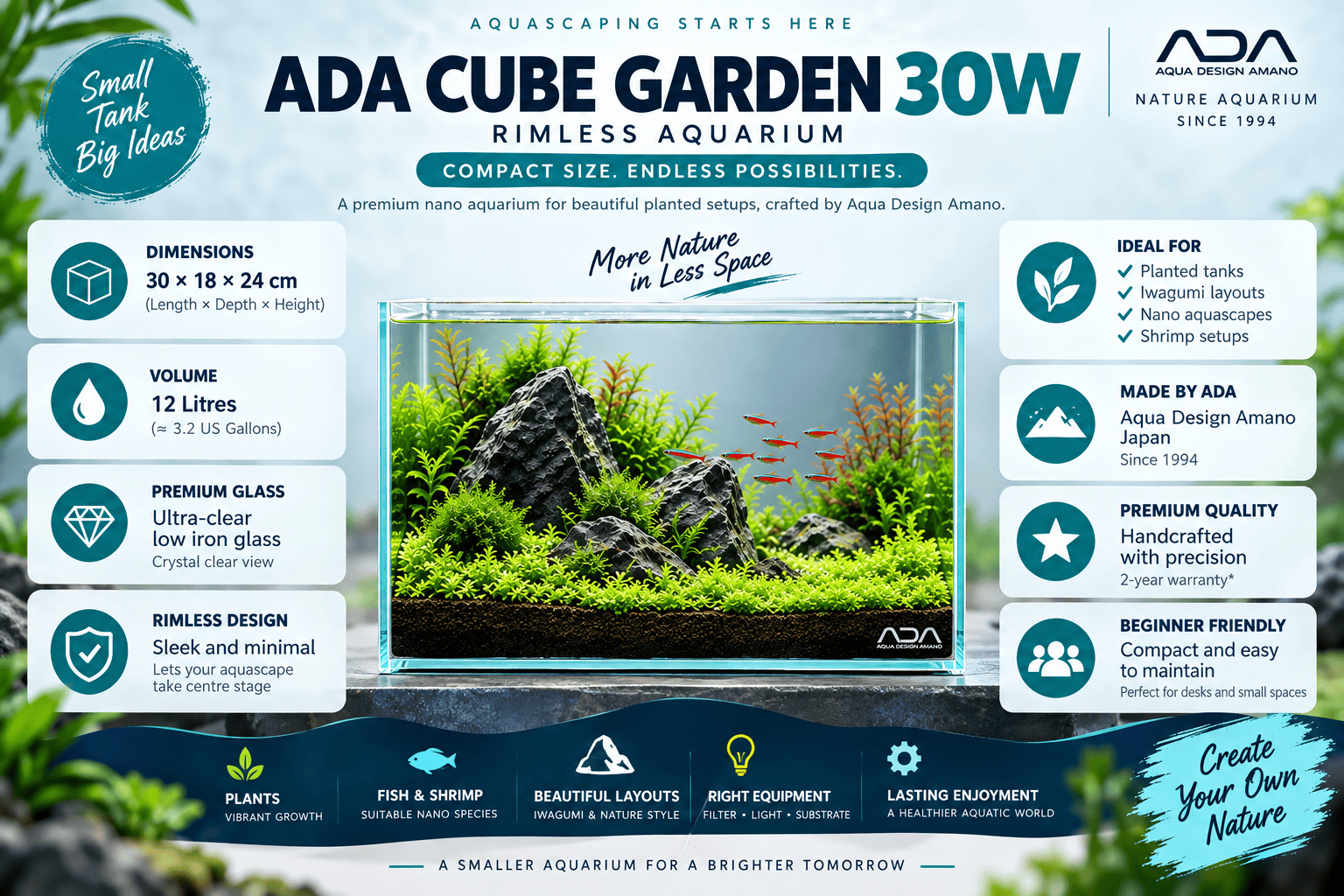 Infographic introducing the ADA Cube Garden 30W rimless aquarium, featuring a planted aquascape and details about its dimensions, volume, glass, design, and uses.