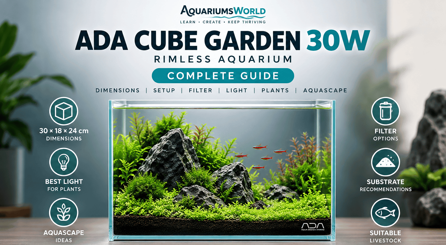 ADA Cube Garden 30W rimless aquarium featured image with the aquarium and text centred.