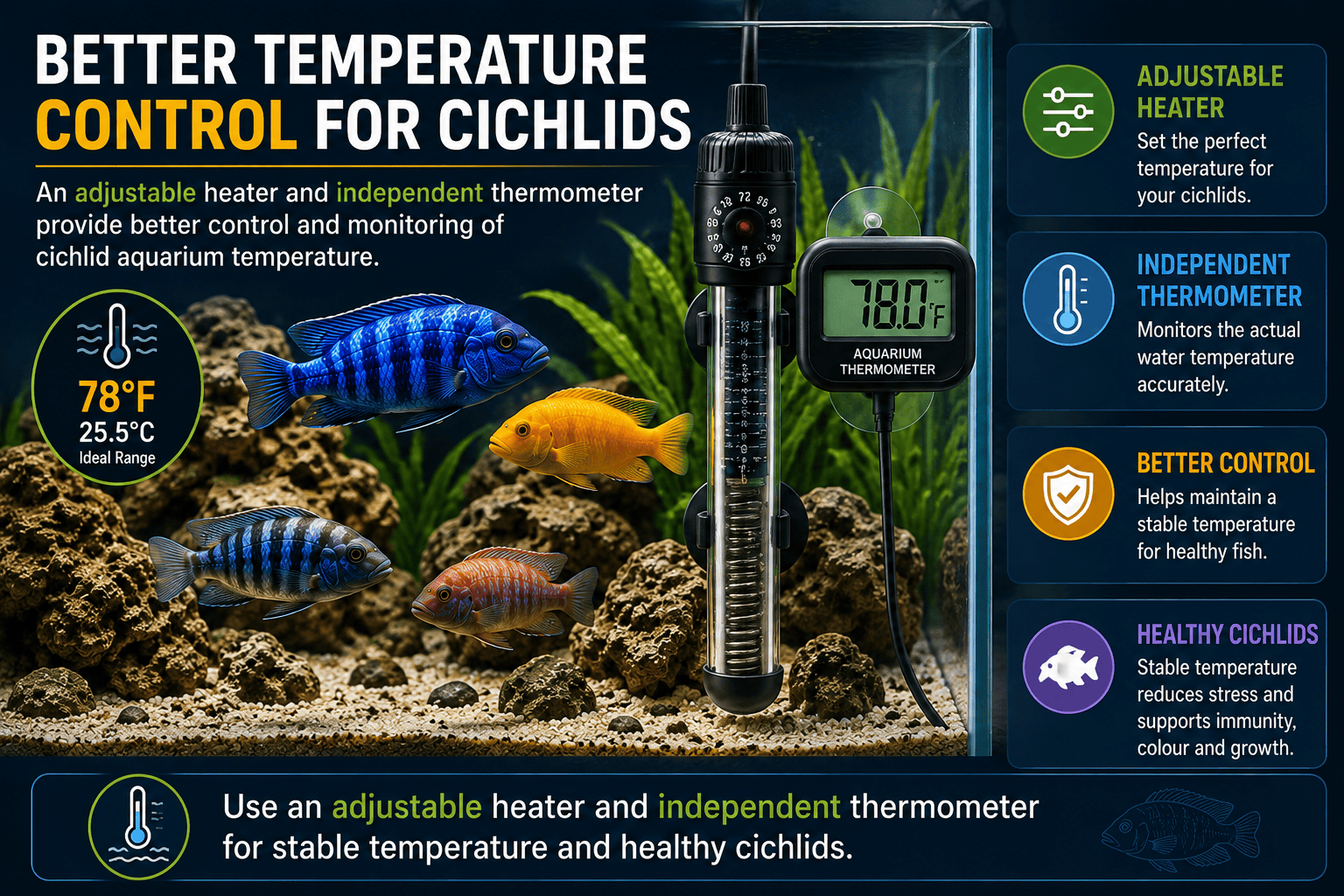 Adjustable aquarium heater and thermometer for stable cichlid water temperature