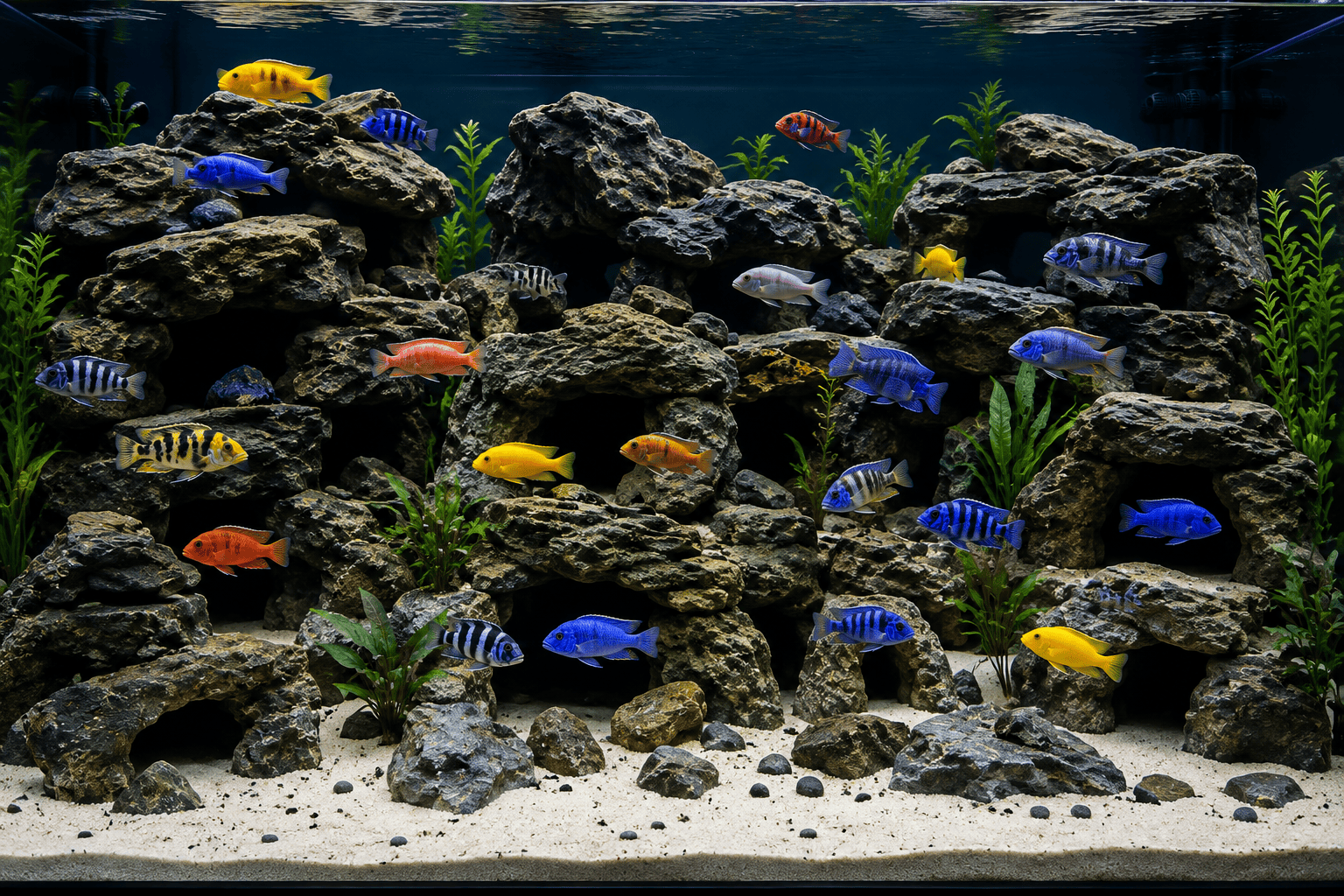 African cichlid aquarium with extensive rockwork, caves and territorial hiding places
