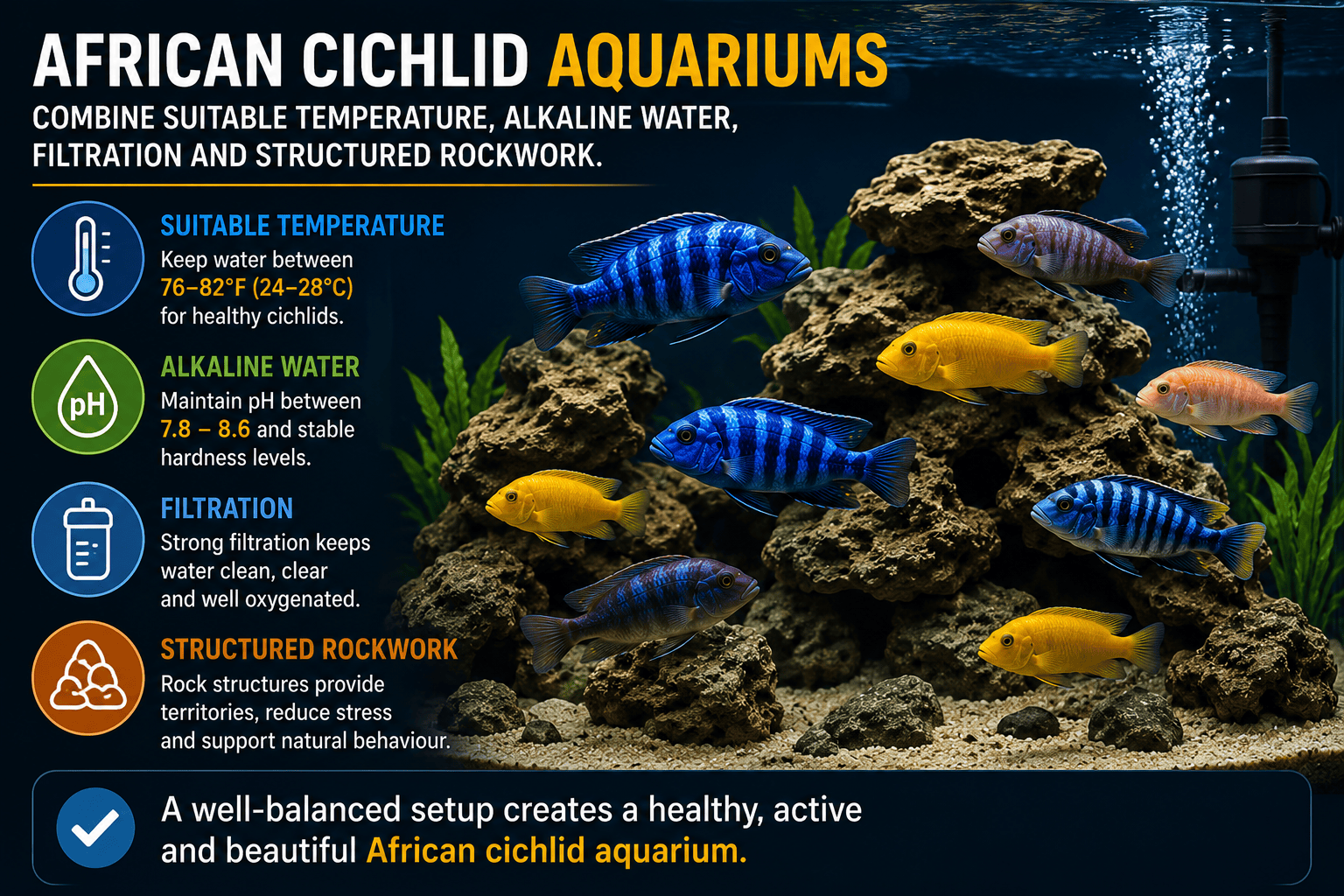 African cichlid aquarium with suitable temperature alkaline water filtration and rockwork