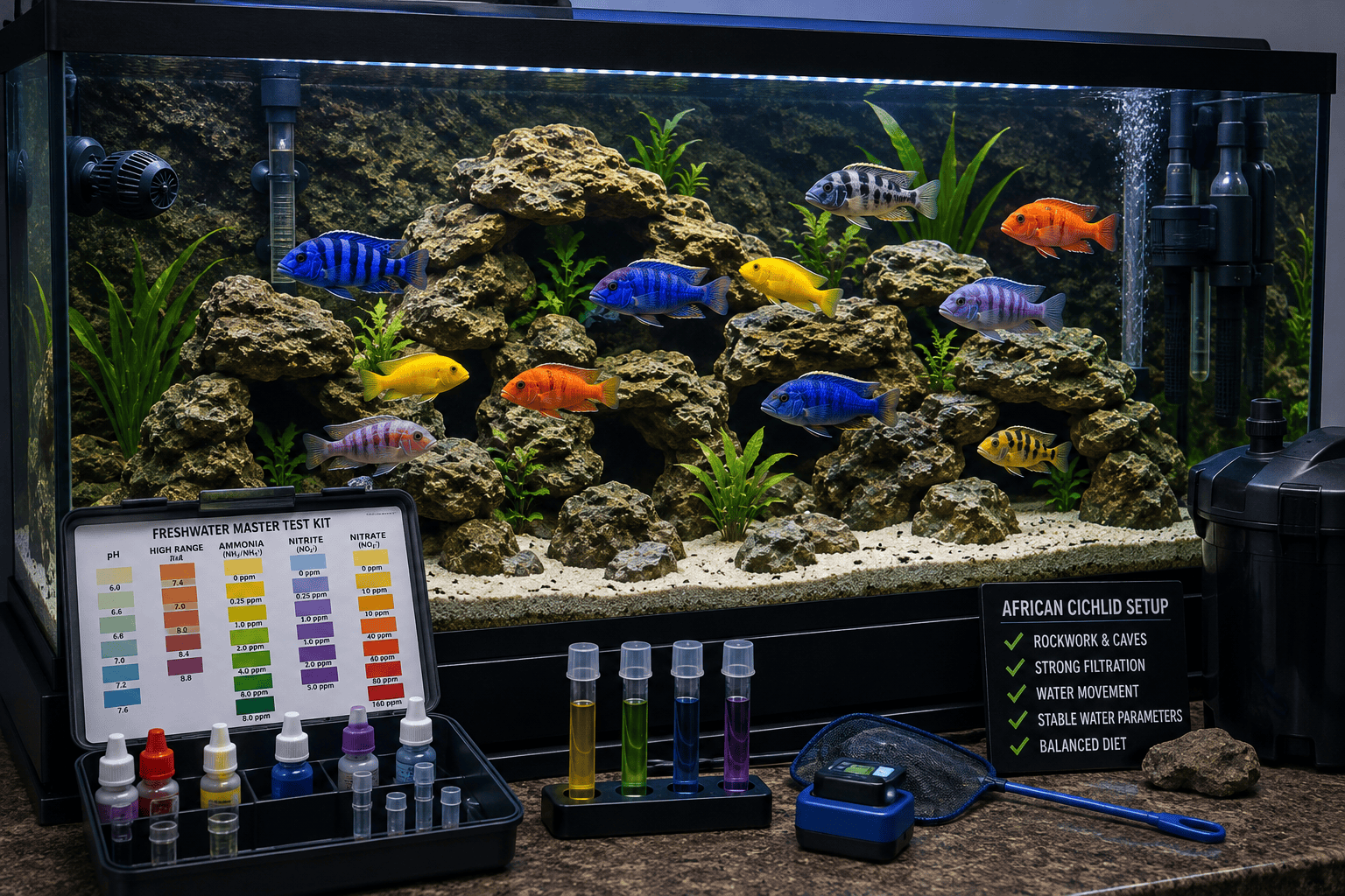 African cichlid tank setup with water testing equipment, rockwork and filtration