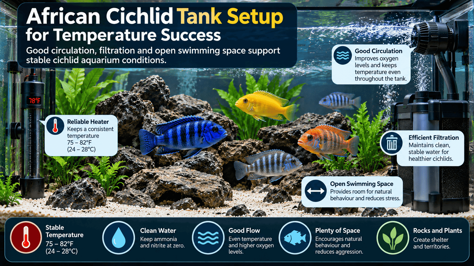 African cichlid tank setup with heater filtration good circulation and open swimming space