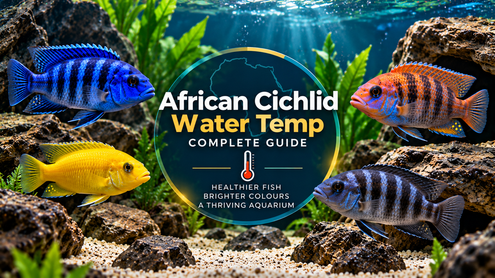 African cichlids in a rocky planted aquarium with a central water temperature guide