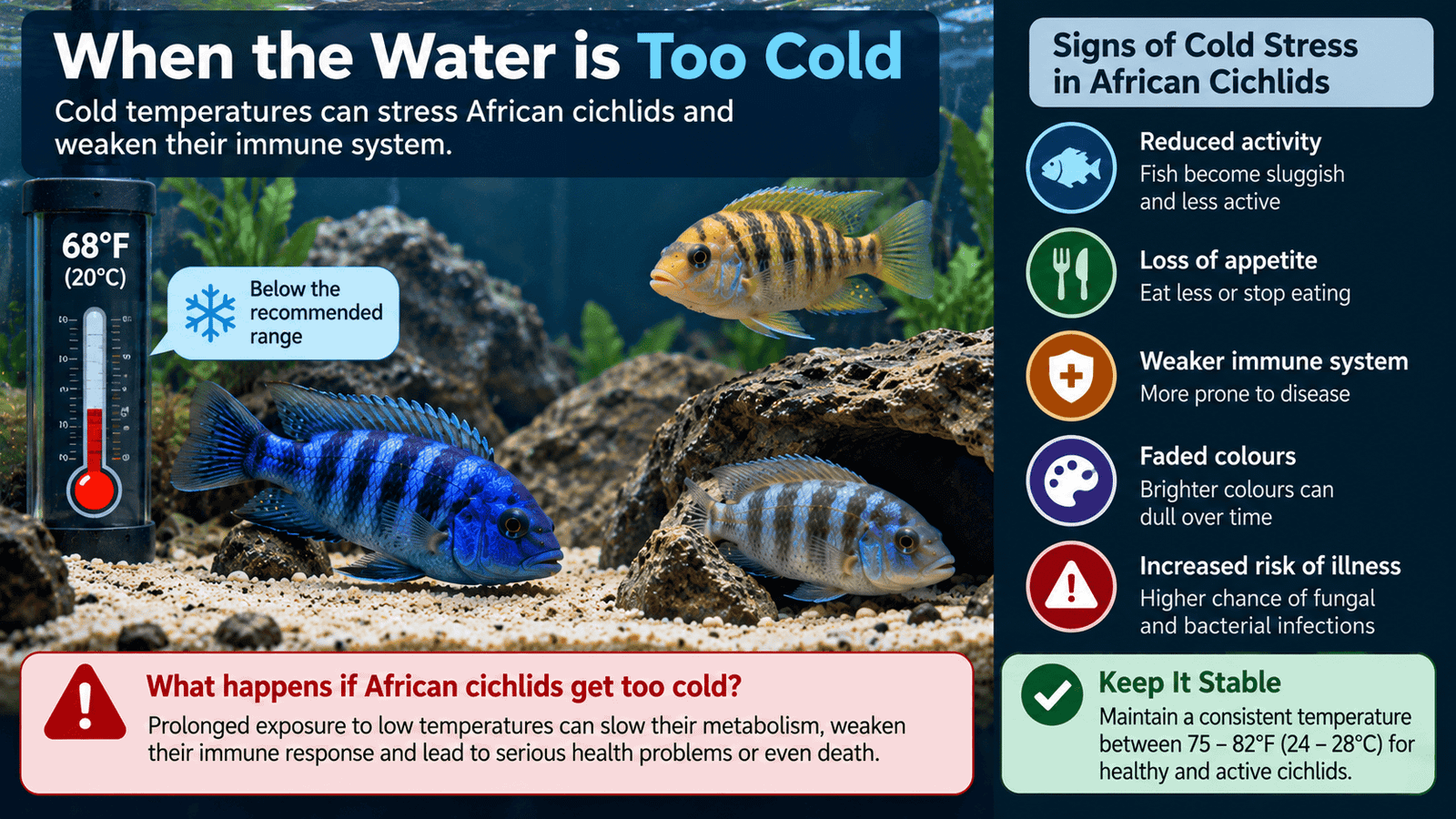 African cichlids showing signs of cold stress when aquarium water temperature is too low
