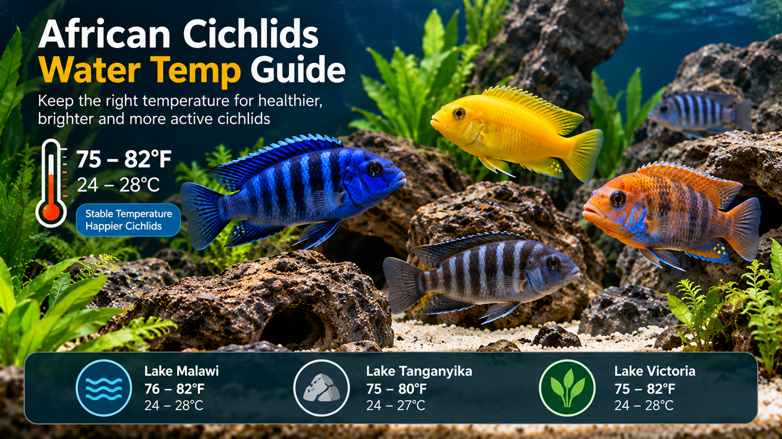African cichlids swimming in an aquarium with ideal water temperature ranges for Malawi Tanganyika and Victoria