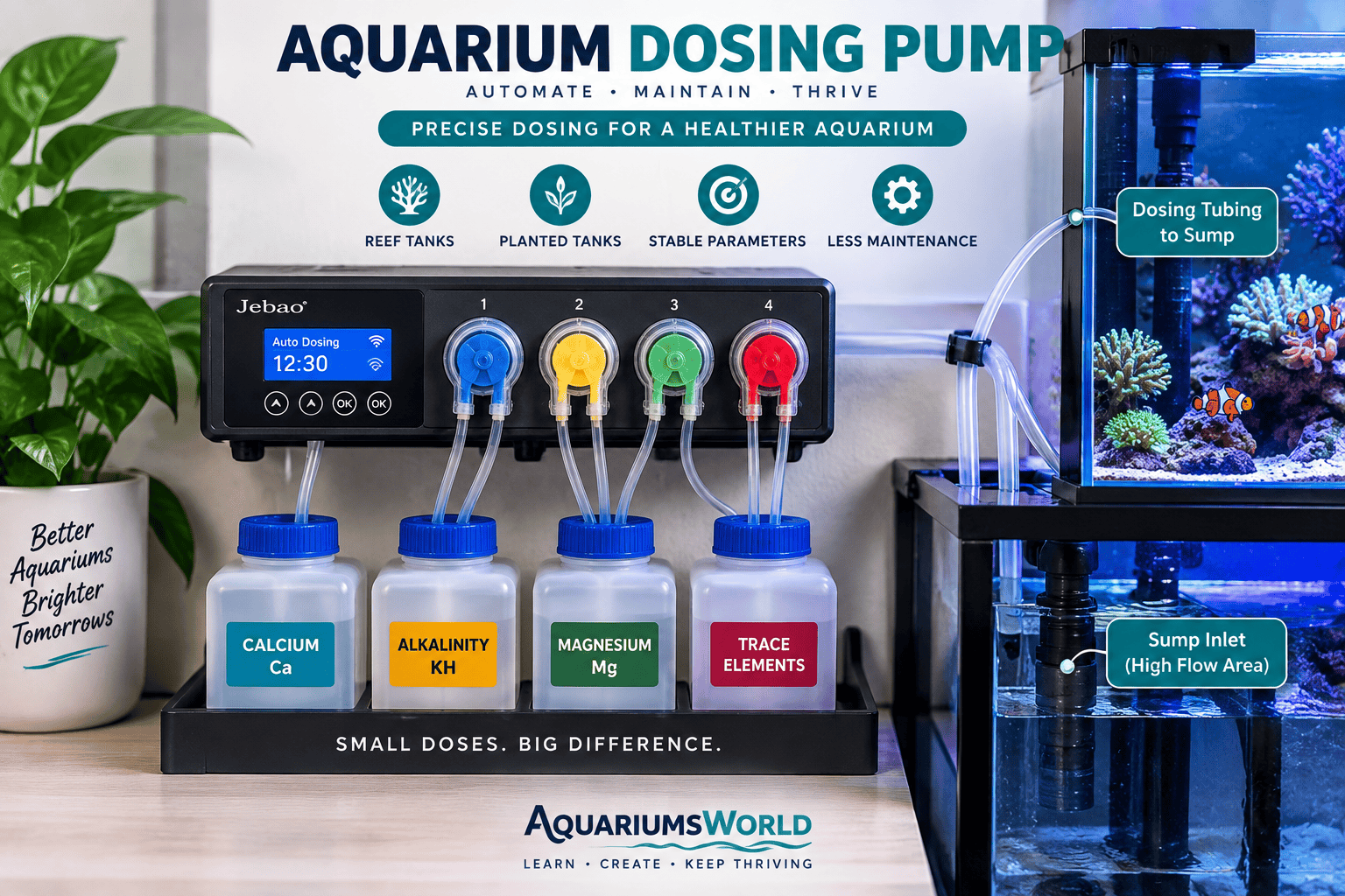 Aquarium dosing pump with four dosing channels connected by tubing to supplement bottles and a reef aquarium sump.