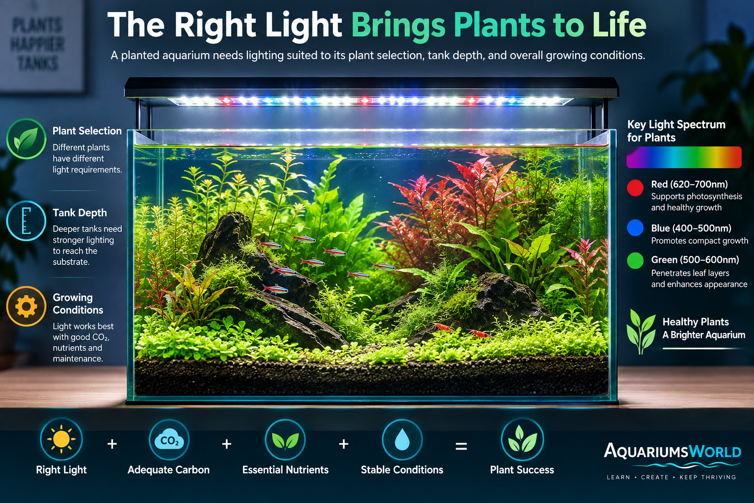 Planted aquarium illuminated by an LED light, with aquatic plants, fish, and guidance highlighting plant selection, tank depth, spectrum, and growing conditions.