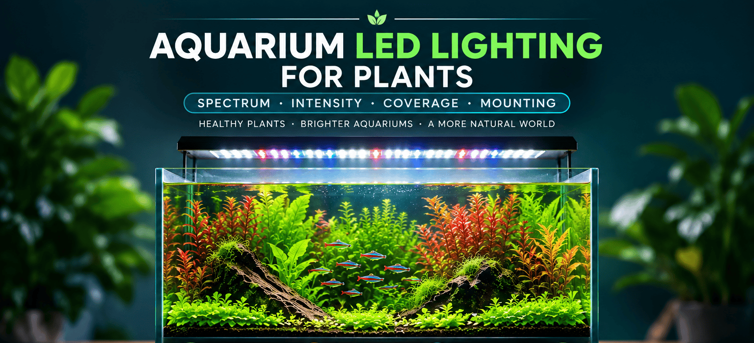 Centered infographic showing a planted aquarium beneath an LED fixture, with four lighting factors: spectrum, intensity, coverage, and mounting height.