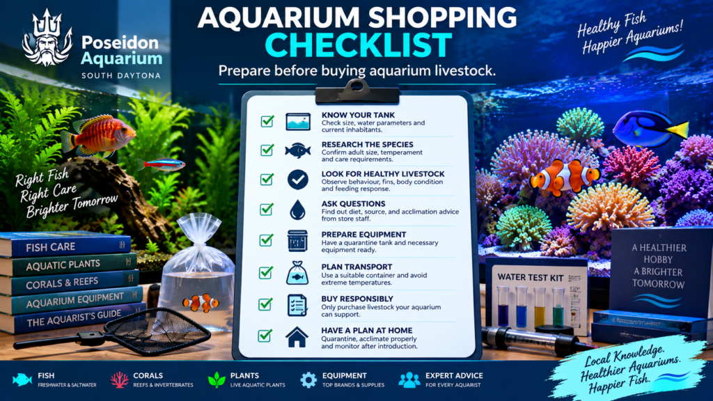 Aquarium shopping checklist infographic with a clipboard listing eight steps for choosing healthy fish and preparing an aquarium, surrounded by freshwater and saltwater fish, aquatic plants, coral, and aquarium supplies.