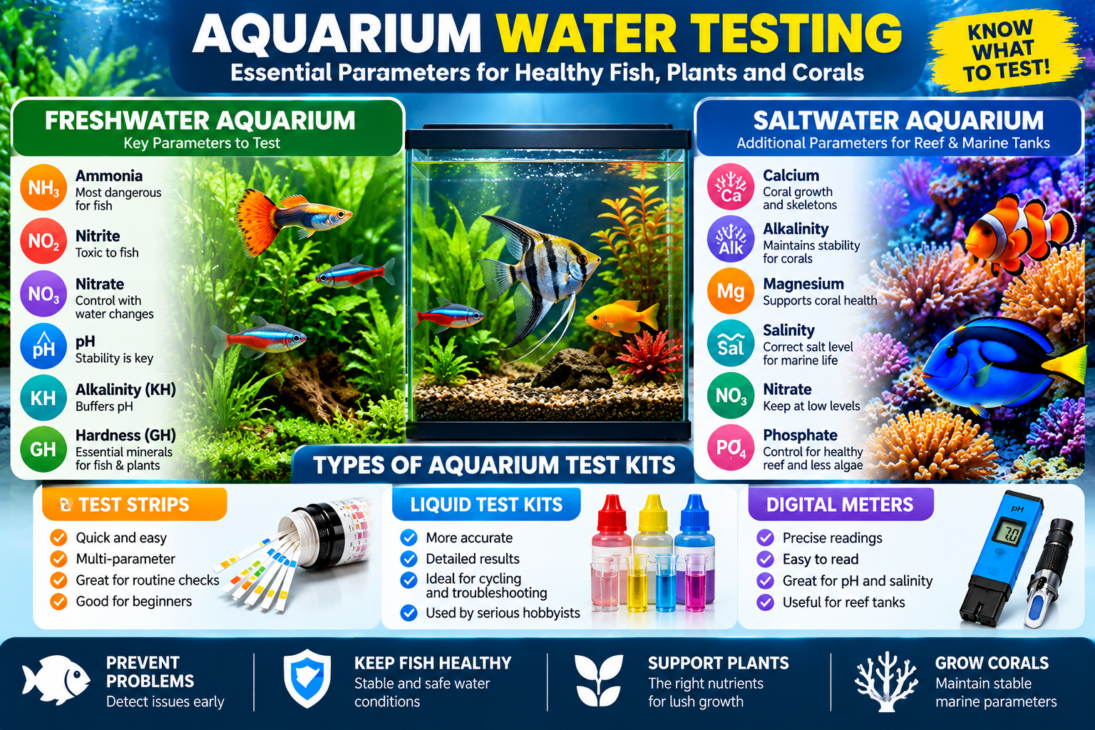 Aquarium water testing infographic showing freshwater parameters including ammonia, nitrite, nitrate, pH, alkalinity and hardness, alongside saltwater parameters such as calcium, magnesium, salinity and phosphate, with comparisons of test strips, liquid kits and digital meters.