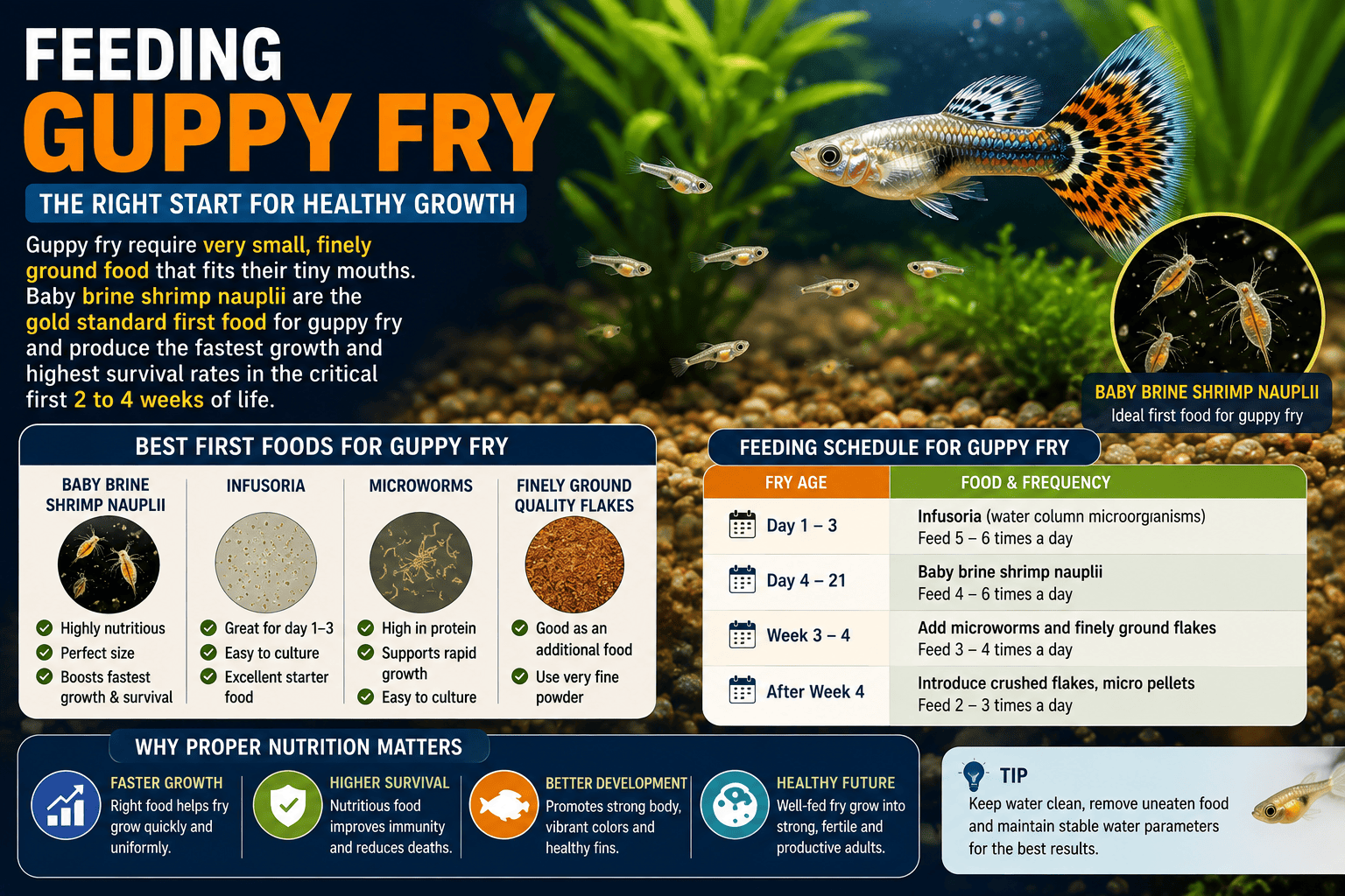 Guppy fry feeding on finely sized foods including baby brine shrimp nauplii