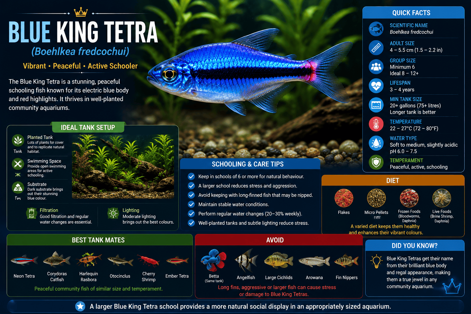 -Blue King Tetra (Boehlkea fredcochui) care infographic showing aquarium requirements and schooling behaviour