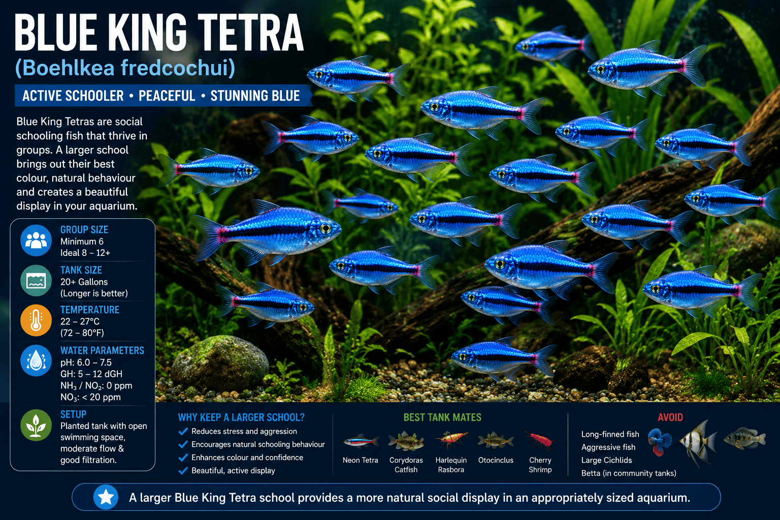 A larger Blue King Tetra school swimming together in a planted freshwater aquarium