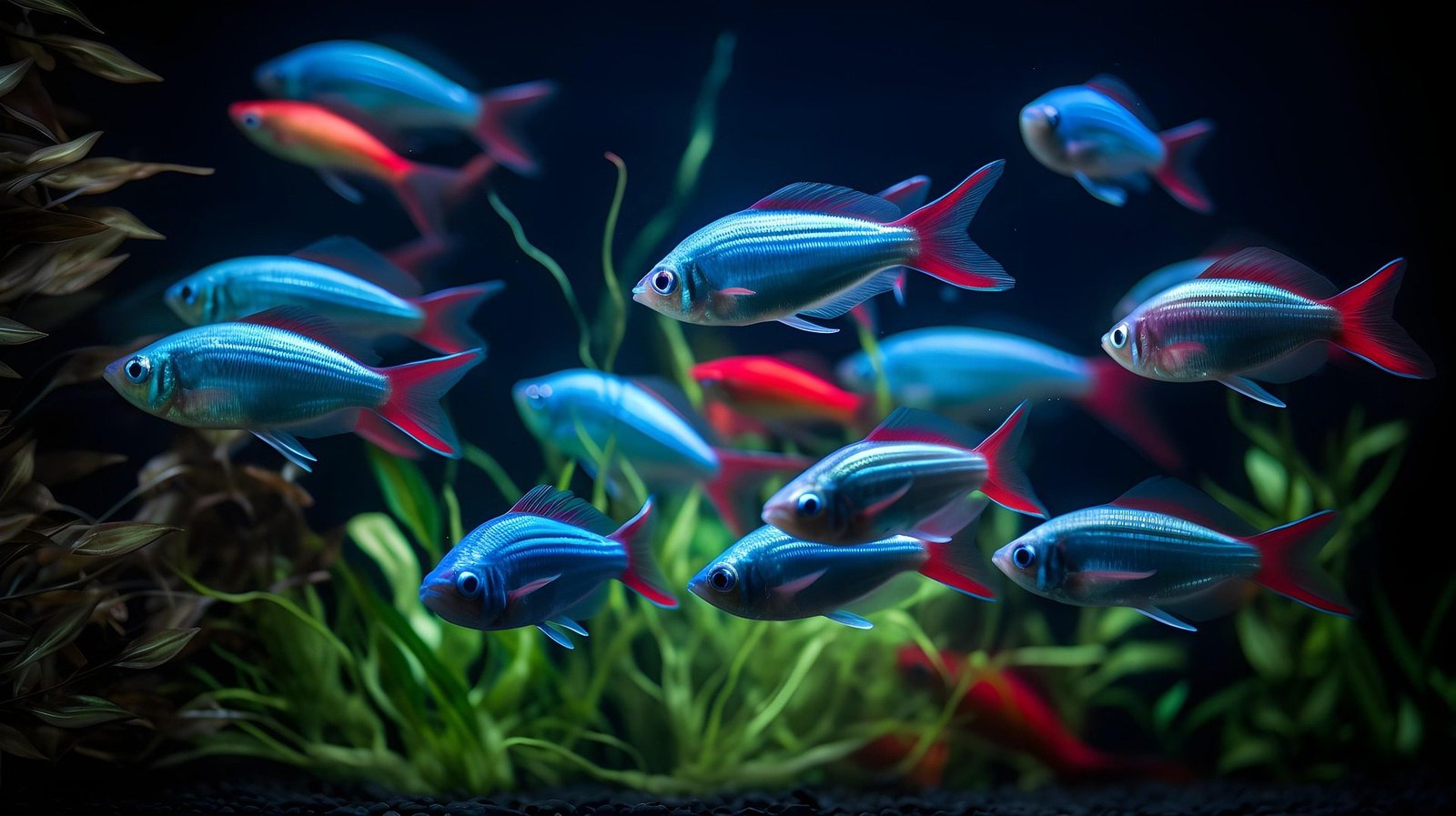 Blue King Tetras swimming together in a planted freshwater aquarium