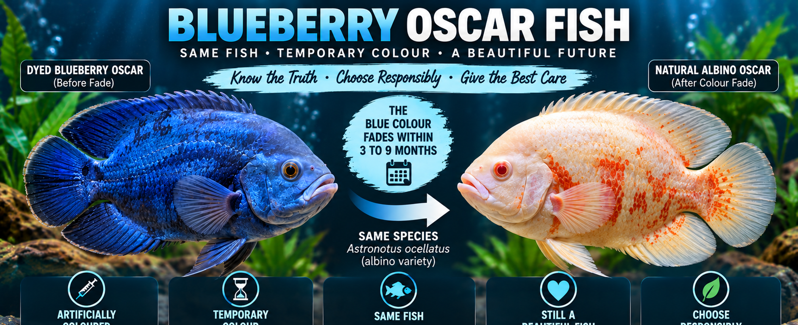 Blueberry oscar fish with artificial blue colouring compared with a natural albino Astronotus ocellatus after colour fade in a freshwater aquarium