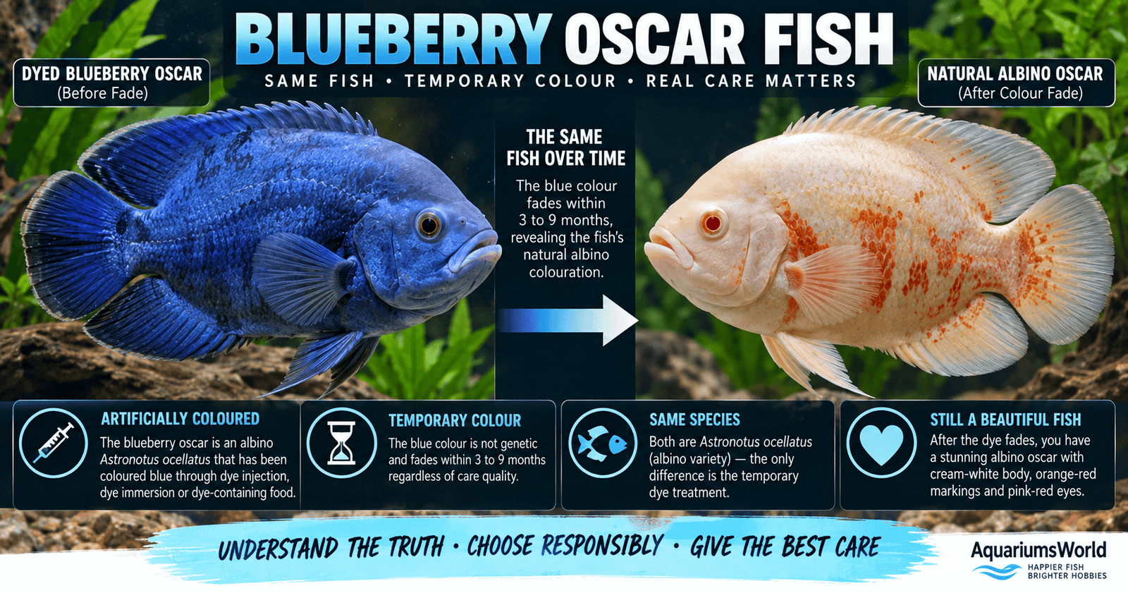 Blueberry oscar fish showing artificial blue colour compared with a natural albino Astronotus ocellatus after colour fading in a freshwater aquarium