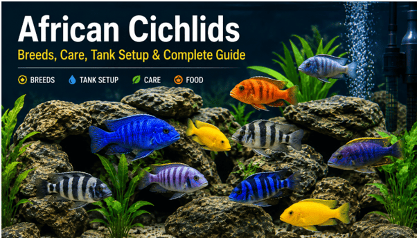 Colourful African cichlids in a rocky aquarium representing popular Malawi, Tanganyika and Victoria varieties