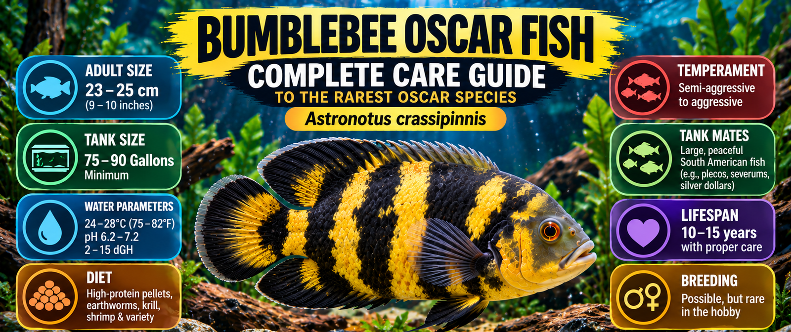 Bumblebee Oscar fish (Astronotus crassipinnis) displayed in a planted freshwater aquarium infographic, highlighting adult size, tank size, water parameters, diet, temperament, tank mates, lifespan and breeding.