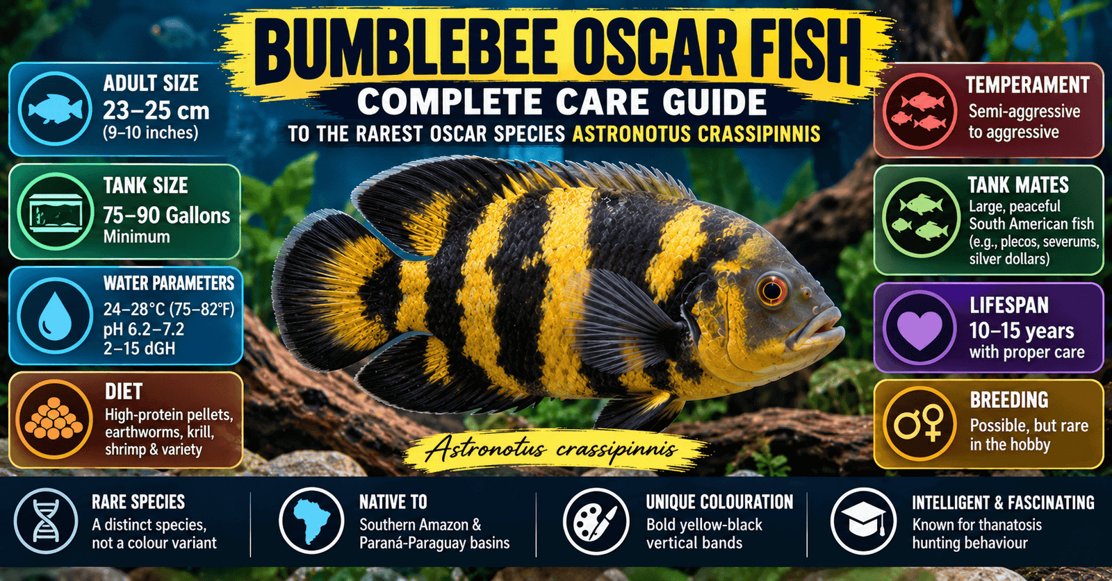 Bumblebee Oscar fish (Astronotus crassipinnis) with bold yellow and black vertical bands in a freshwater aquarium, showing key care information including size, tank requirements, water parameters, diet, temperament, tank mates, lifespan and breeding.