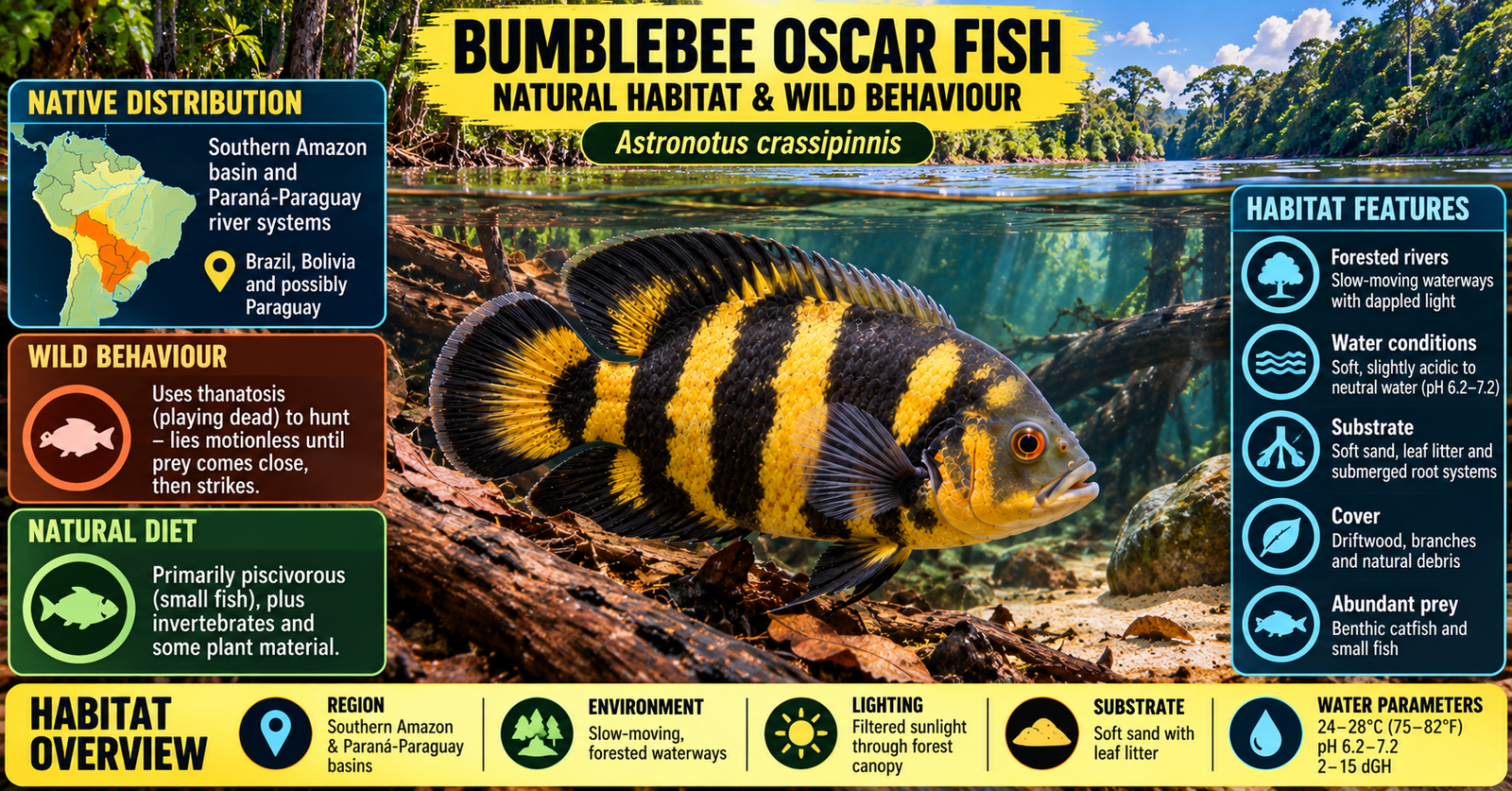 Bumblebee Oscar fish (Astronotus crassipinnis) in a natural-style freshwater habitat with driftwood, roots and leaf litter, showing its distribution, wild behaviour, natural diet and habitat features.