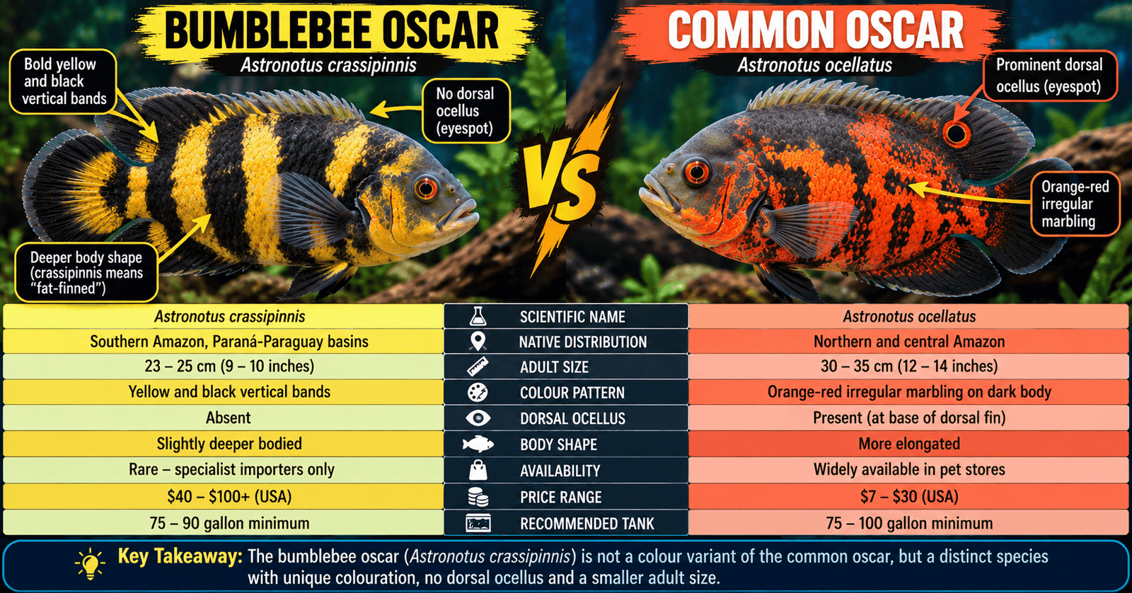 Bumblebee Oscar fish (Astronotus crassipinnis) compared with Common Oscar fish (Astronotus ocellatus), showing differences in colour pattern, dorsal ocellus, body shape, adult size, distribution, availability and aquarium requirements.