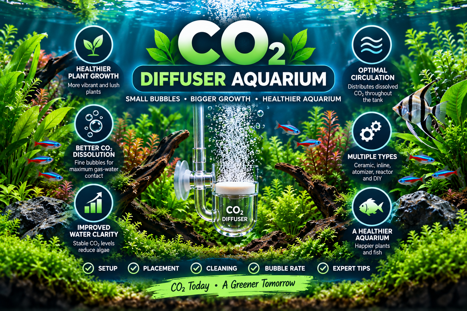Infographic showing a CO₂ diffuser releasing fine bubbles into a lush planted aquarium, with callouts about plant growth, circulation, CO₂ dissolution, and diffuser types.