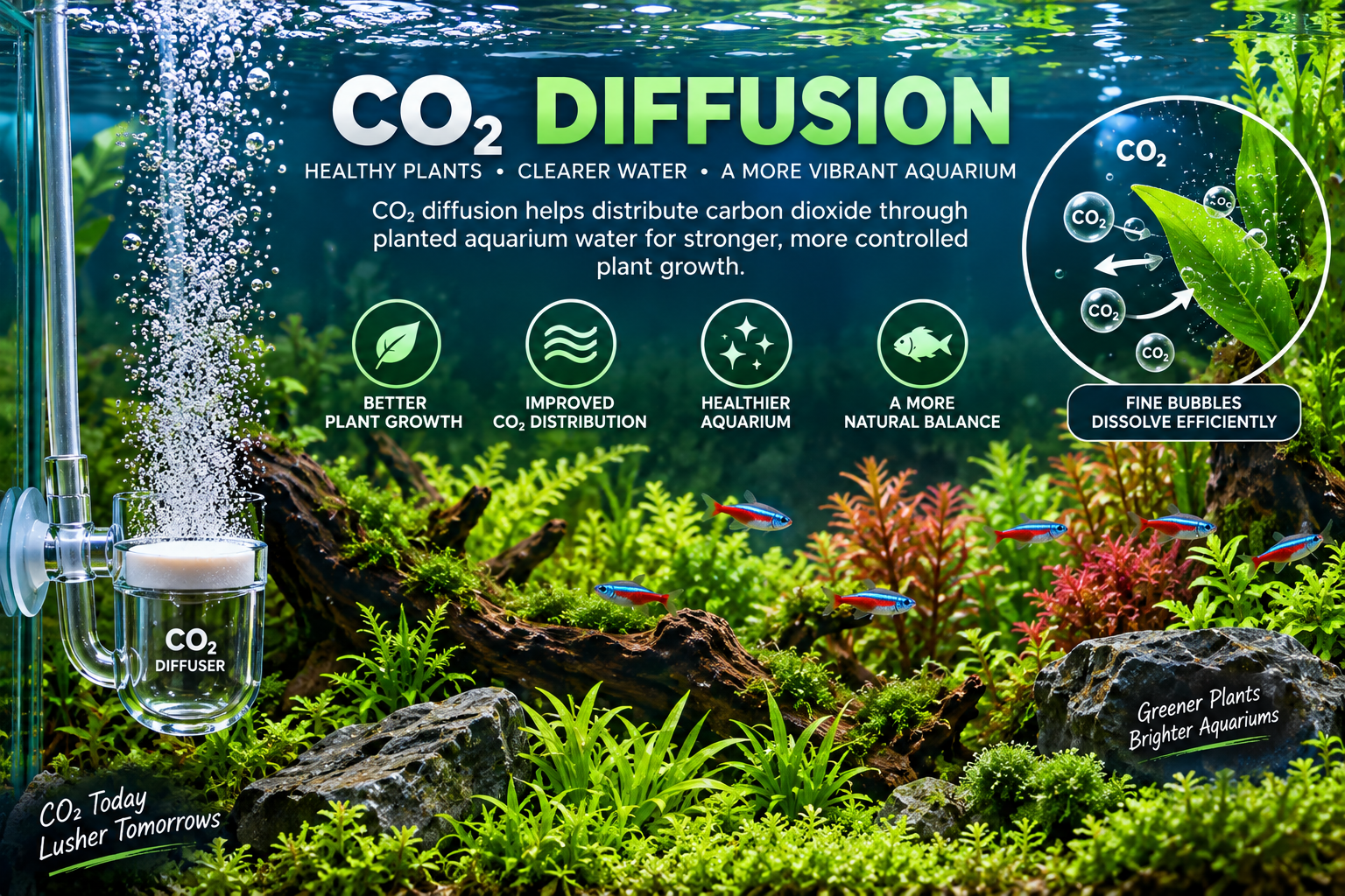 CO₂ diffuser releasing fine bubbles among aquatic plants in a lush planted aquarium