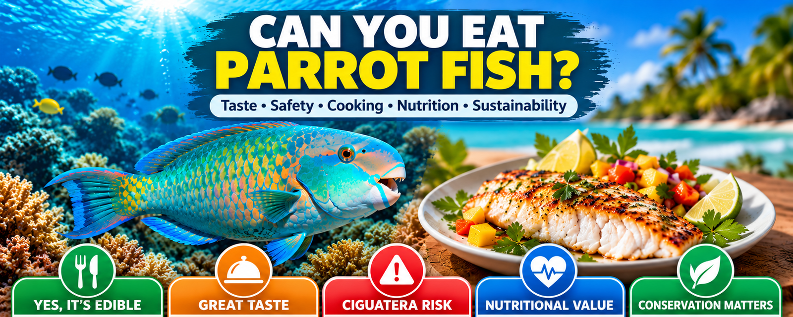 Centered infographic featuring a colourful parrotfish swimming over a coral reef beside a plated grilled fish dish, with information panels about edibility, taste, ciguatera risk, nutrition and conservation.