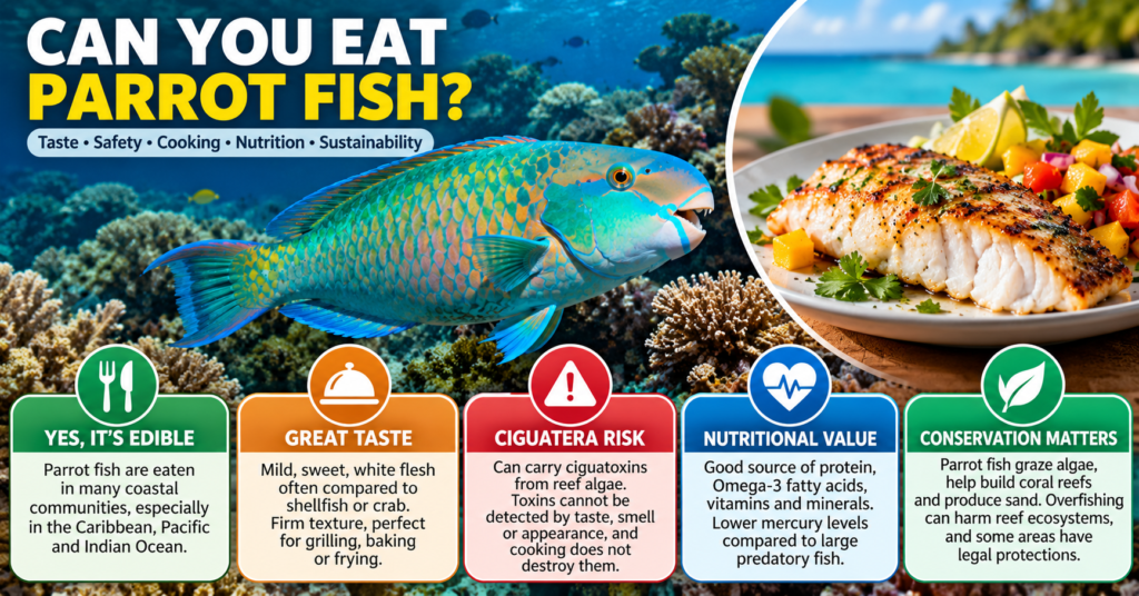 Infographic showing a colourful parrotfish on a coral reef beside a cooked fish fillet, with key facts about taste, edibility, ciguatera risk, nutrition and reef conservation.