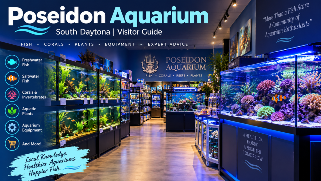Promotional visitor guide graphic for Poseidon Aquarium, featuring colourful freshwater and saltwater aquarium displays.