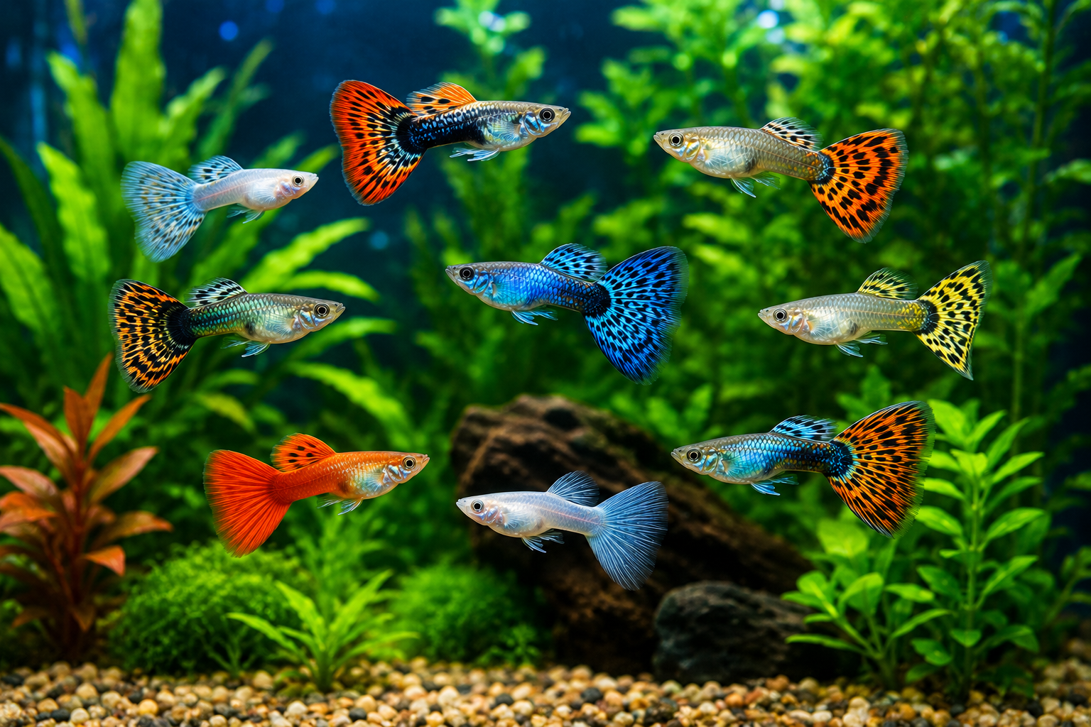 Group of colourful guppies swimming together in a planted freshwater aquarium