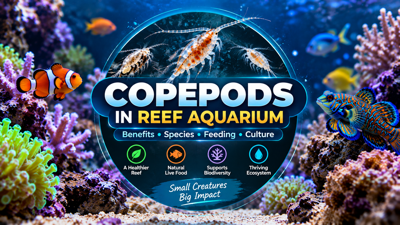 Copepods in a vibrant reef aquarium with corals and marine fish