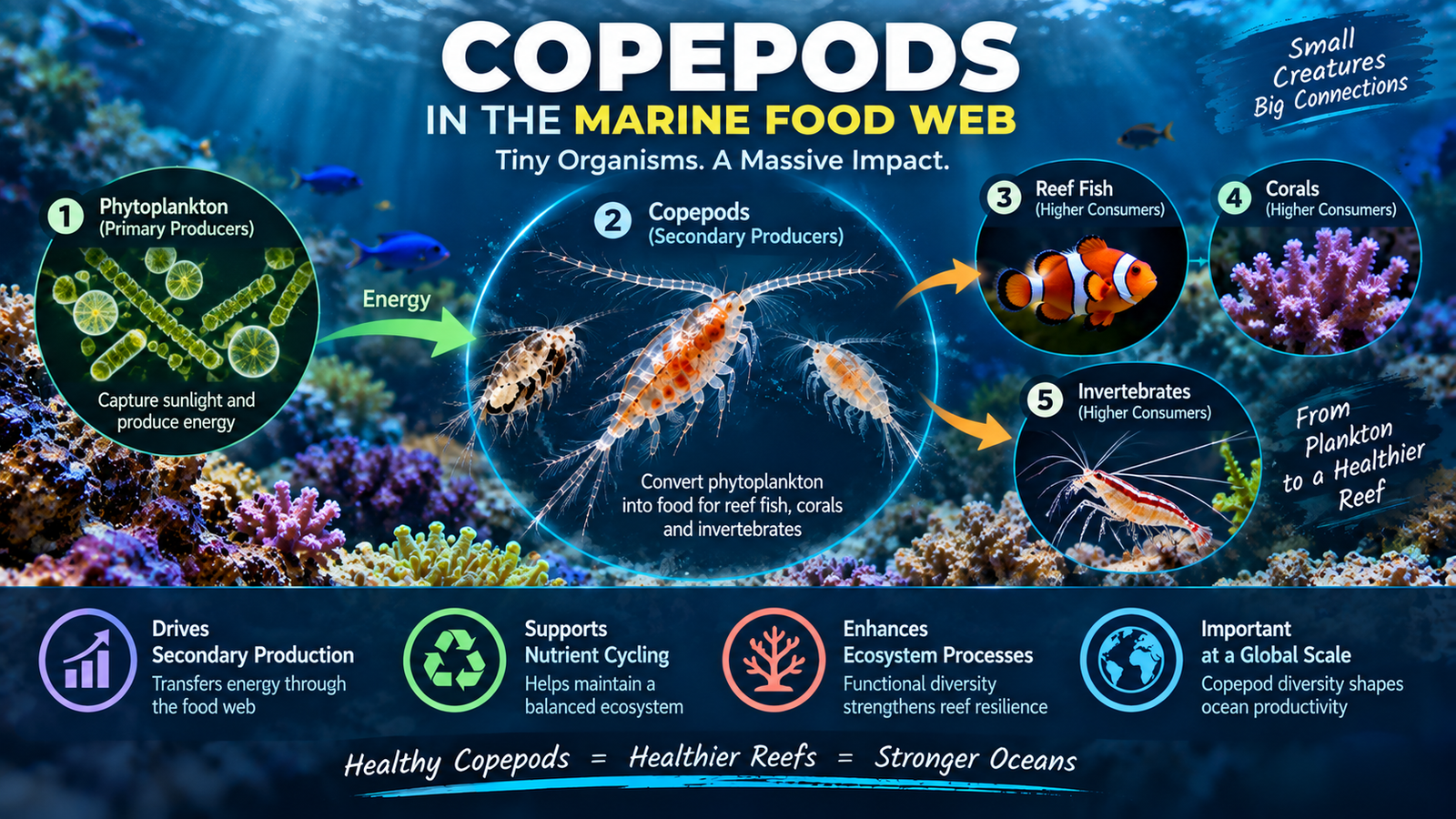Copepods transferring energy from phytoplankton to reef fish corals and marine invertebrates