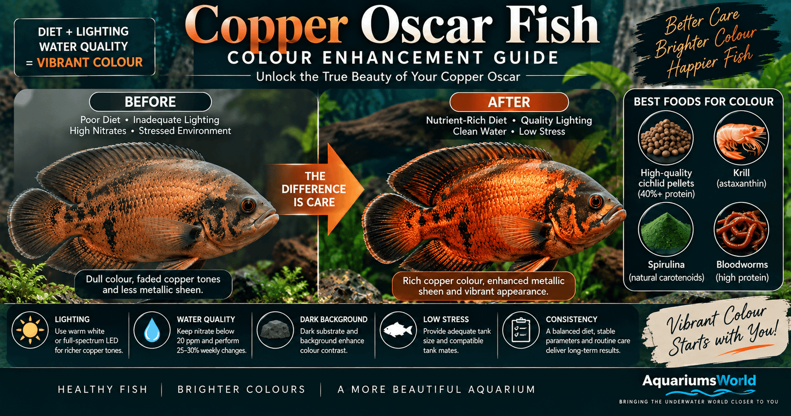 Copper oscar fish showing enhanced metallic copper colour from a nutrient-rich diet, quality lighting, clean water and low-stress aquarium conditions