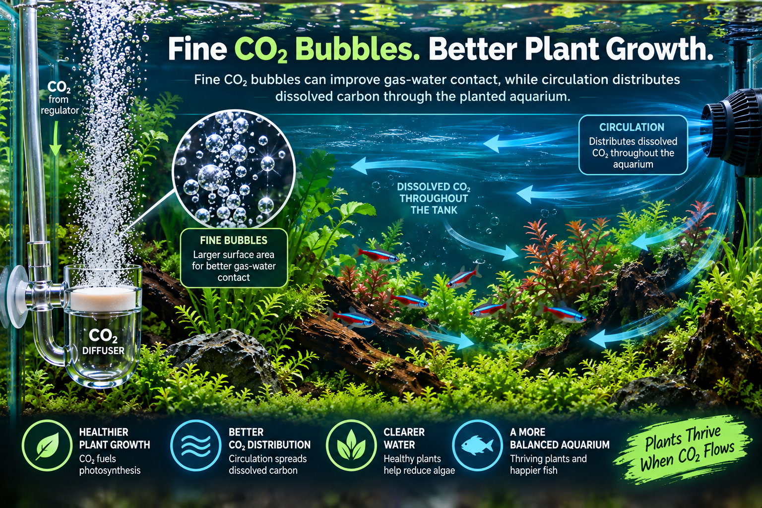 Fine CO₂ bubbles rising from an aquarium diffuser as a circulation pump moves dissolved carbon dioxide through a planted freshwater tank.