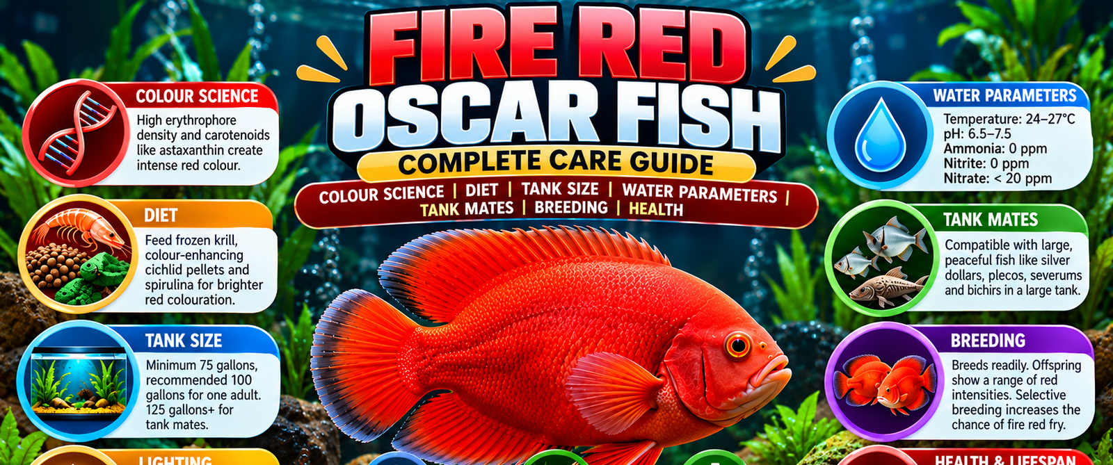 Fire red oscar fish infographic showing colour science, diet, tank size, water parameters, tank mates, breeding, lighting, substrate, health, lifespan and availability