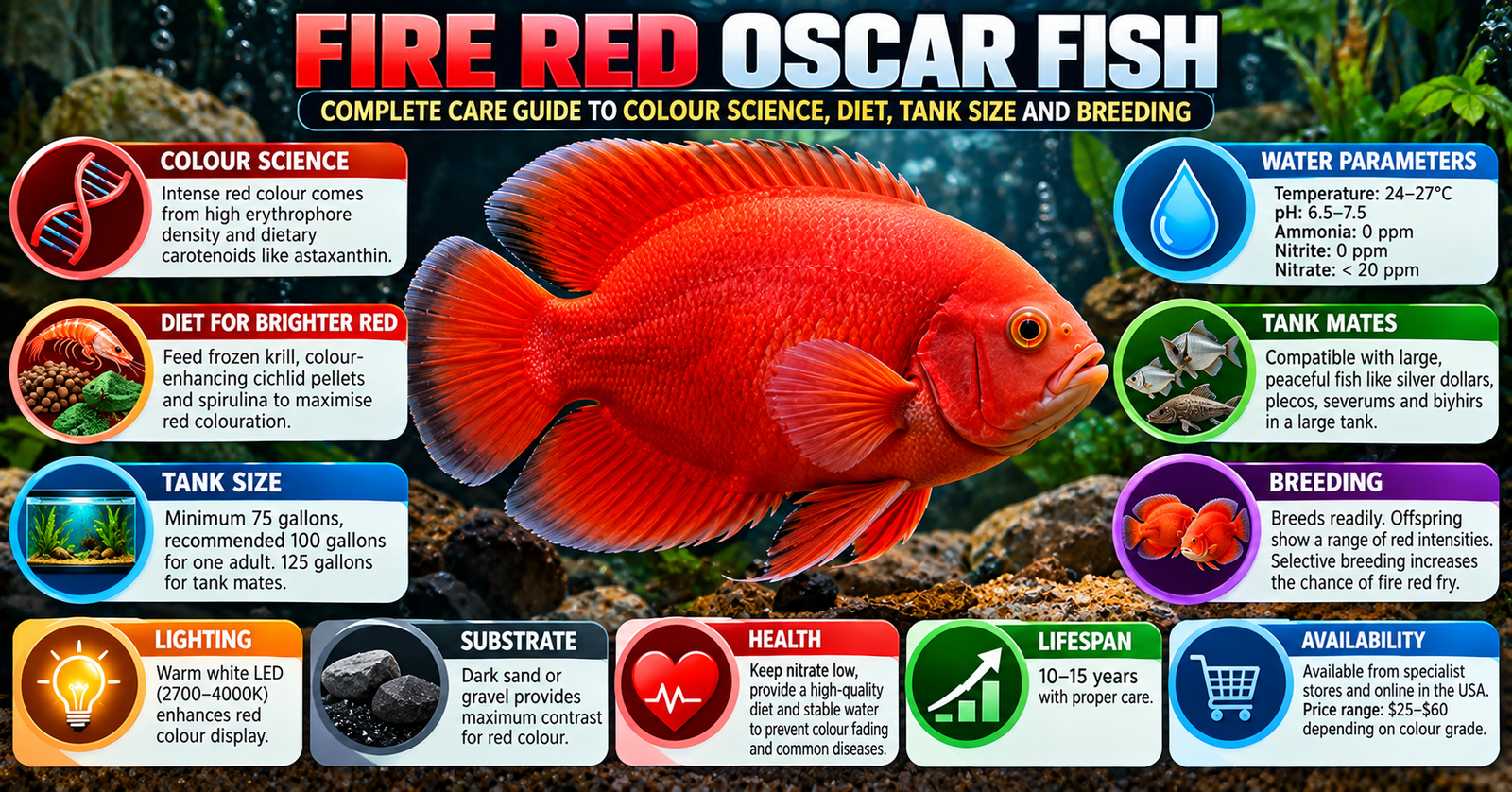 Fire red oscar fish Astronotus ocellatus infographic showing red colour science, diet, tank size, water parameters, tank mates, breeding, lighting, substrate, health, lifespan and USA availability