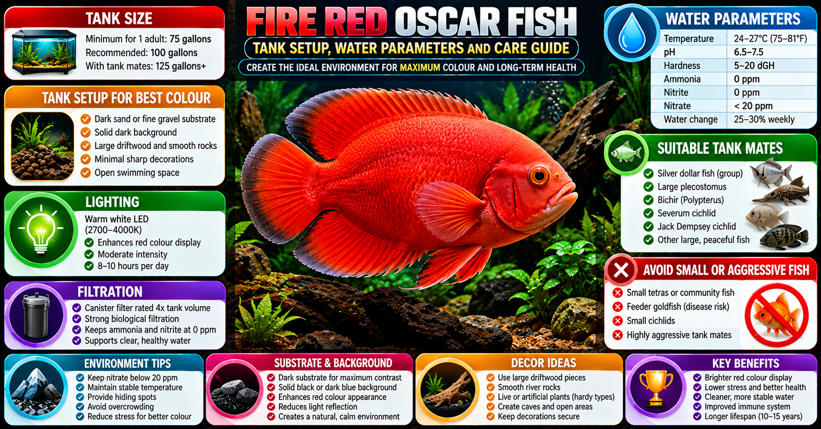 Fire red oscar fish tank setup infographic showing tank size, water parameters, filtration, lighting, substrate, decorations, environment tips and suitable tank mates