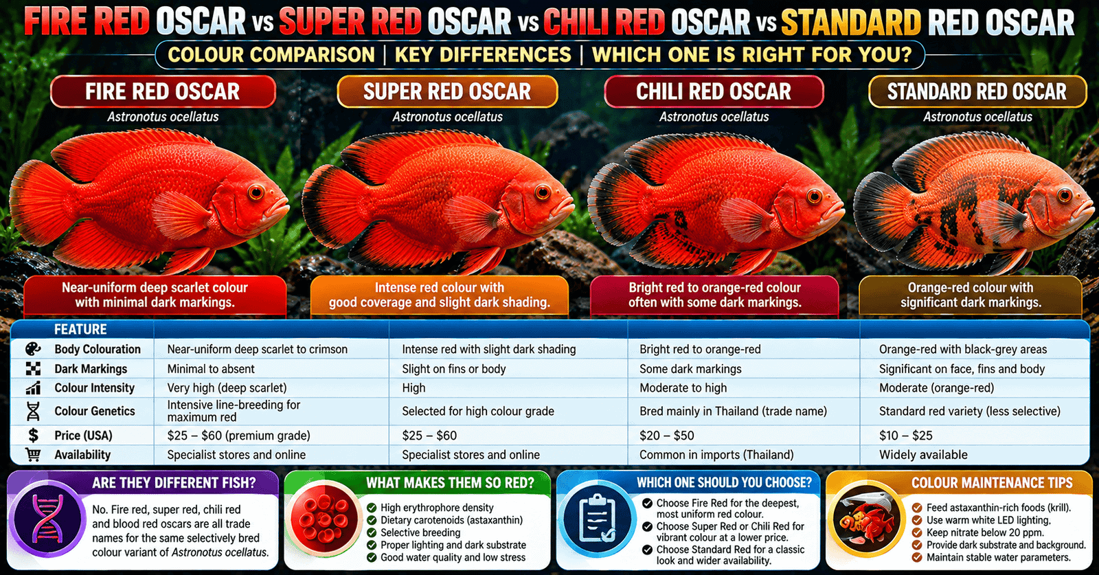 Fire red oscar fish comparison infographic showing Fire Red, Super Red, Chili Red and Standard Red Astronotus ocellatus colour variations, markings, colour intensity, genetics, price and availability