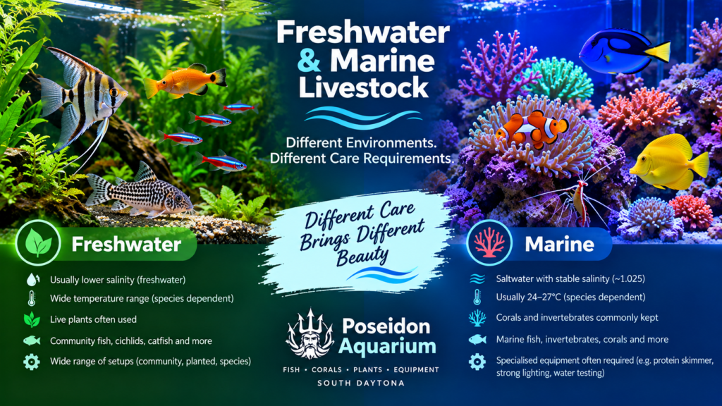 Infographic comparing freshwater aquarium fish and plants with marine fish, corals, and invertebrates, highlighting their different care requirements.