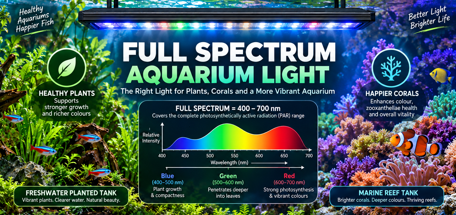 spectrum aquarium lighting, showing the 400–700 nm light range, freshwater plants, reef corals, and key lighting features.